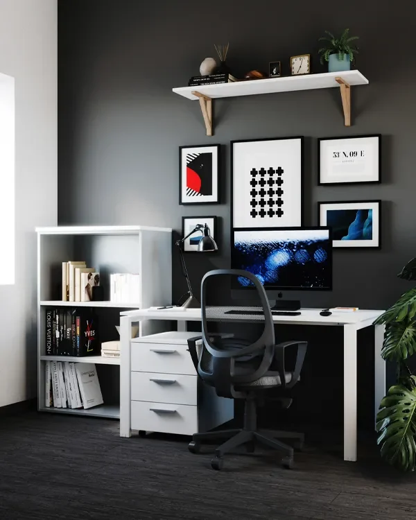 Moderan minimalistički kućni ured s bijelim stolom